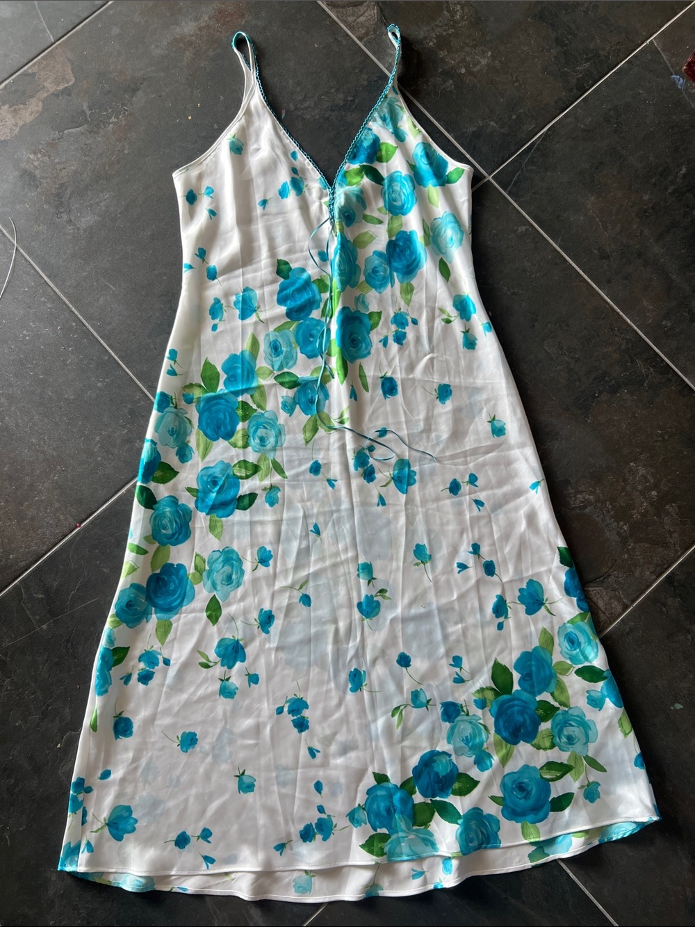 California Dynasty blue rose satin midi slip dress or nightgown